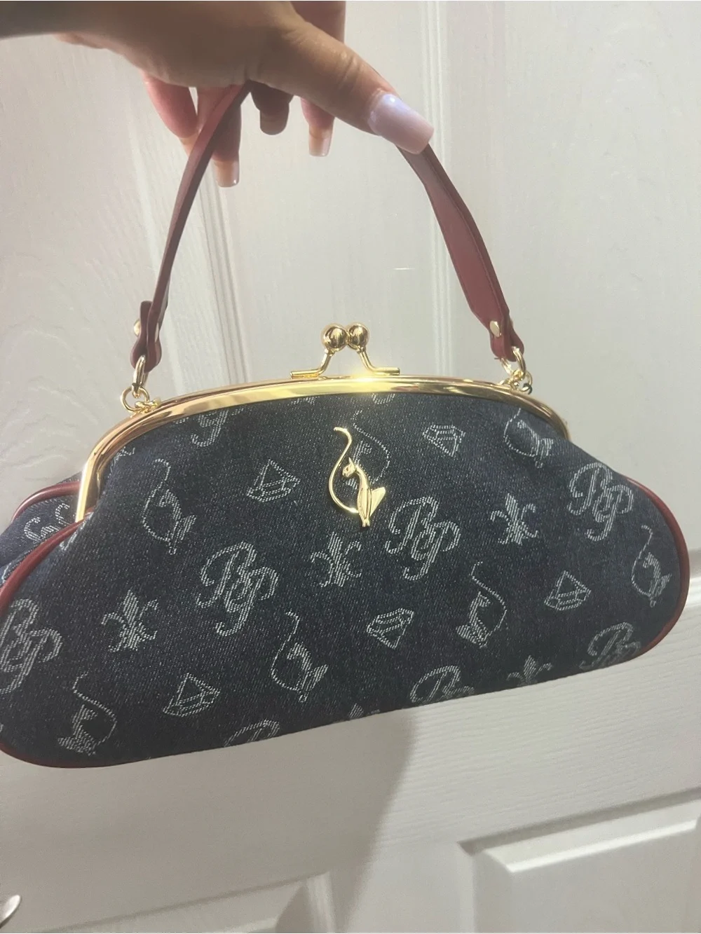 Baby Phat Black Monogram Kiss-Lock Clutch with Gold Chain and Burgundy Trim